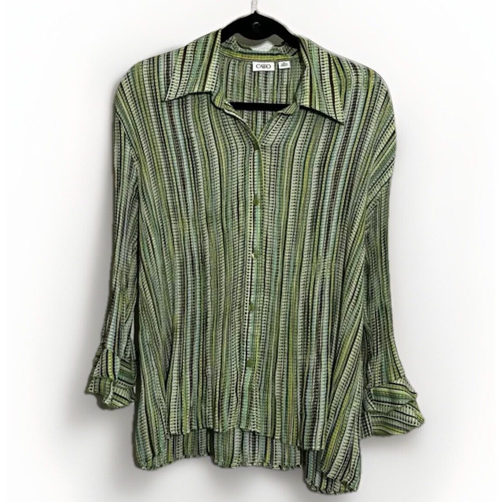 Cato Vintage Women's‎ XL Green Retro Striped Button Up Long Sleeve Blouse